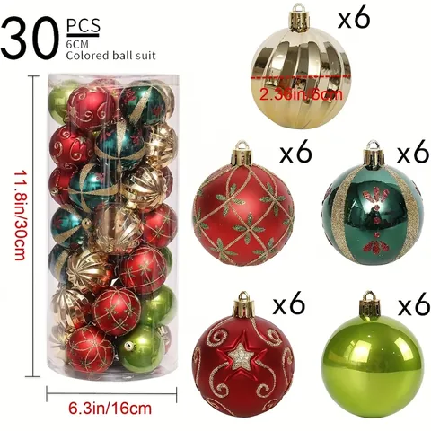 30Pcs 6cm Christmas Ball Ornaments Set Red Green Gold Painted Plastic Xmas Tree Decorations For Home Party Festival Decor