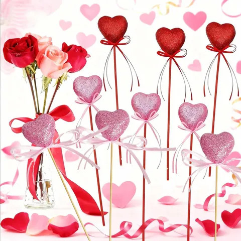 Heart Shaped Glitter Floral Picks With Bow Foam Heart Sticks For Valentine's Day Wedding Decoration Red Pink