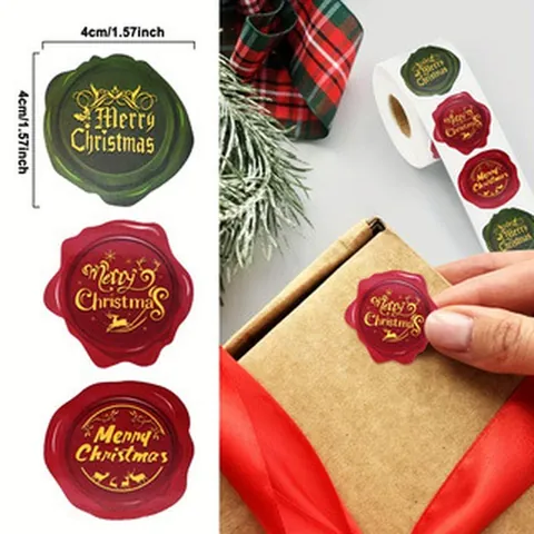 Pegatinas con Relieve de Feliz Navidad Estilo Sello de Cera en Rollo Rojo Verde Dorado Reno Copo de Nieve Regalo Sobre Sellado Pegatinas Decorativas