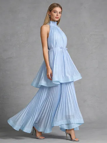 Robe Longue Plissée Élégante pour Femmes Sans Manches Col Montant Couleur Unie Ourlet à Étages Style Resort Taille à Lacets