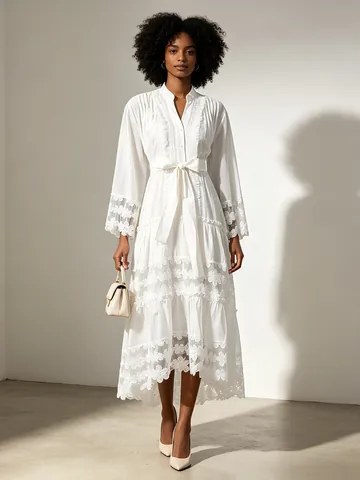Robe Maxi Vintage Française avec Patchwork en Dentelle pour Femme Élégante Col en V Manches Évasées Maille Transparente Robe Longue Volants