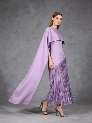 Elegante Asymmetrische Cape Mouw Maxi Jurk Franje Zoom Satijnen Jurk Voor Vrouwen Luxe Formele Banket Bruiloft Jurk