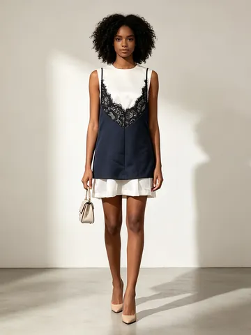 Women's Faux Two-Piece Sleeveless Mini Dress Navy Blue Contrast Patchwork Lace V-Neck Sleeveless Dress 2026 New Summer Apparel