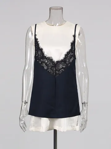 Women's Faux Two-Piece Sleeveless Mini Dress Navy Blue Contrast Patchwork Lace V-Neck Sleeveless Dress 2026 New Summer Apparel