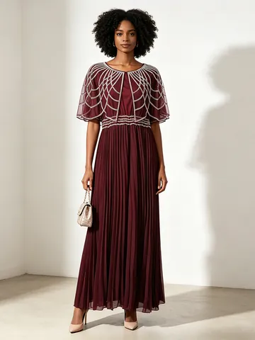 Vestido Maxi Plisado con Capa de Malla de Diamantes de Imitación Rojo Vino Vintage Elegante Vestido de Noche para Mujer