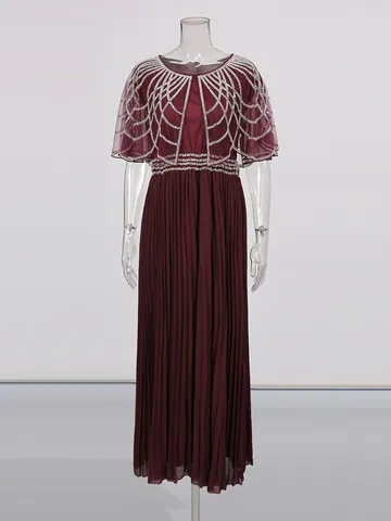 Vestido Maxi Plisado con Capa de Malla de Diamantes de Imitación Rojo Vino Vintage Elegante Vestido de Noche para Mujer