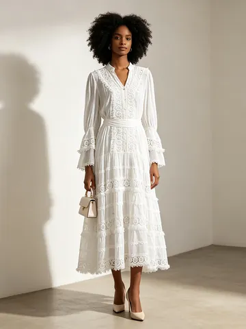 Robe Maxi Brodée Vintage Français pour Femme Manches Cloche à Étages Col en V Écharpe Polyester Élasthanne Robe Fête