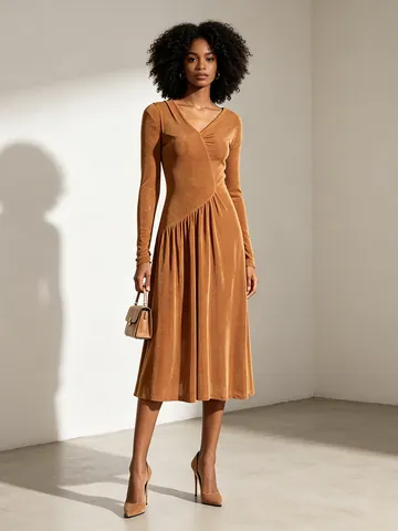 Vestito Midi Bodycon Arricciato Minimalista Francese per Donna Scollo Asimmetrico Manica Lunga Maglia Misto Cotone Poliestere Tinta Unita