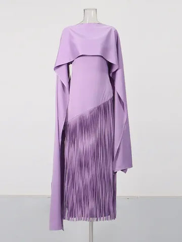 Elegante Asymmetrische Cape Mouw Maxi Jurk Franje Zoom Satijnen Jurk Voor Vrouwen Luxe Formele Banket Bruiloft Jurk