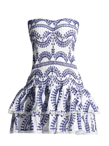 Women Sexy Strapless Bohemian Mini Dress Cotton Blend Smocked Slim Fit Ruffle Lace Trim Summer Holiday Beach Party Dress