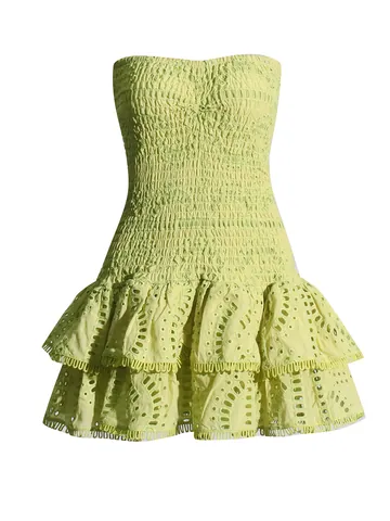 Women Sexy Strapless Bohemian Mini Dress Cotton Blend Smocked Slim Fit Ruffle Lace Trim Summer Holiday Beach Party Dress