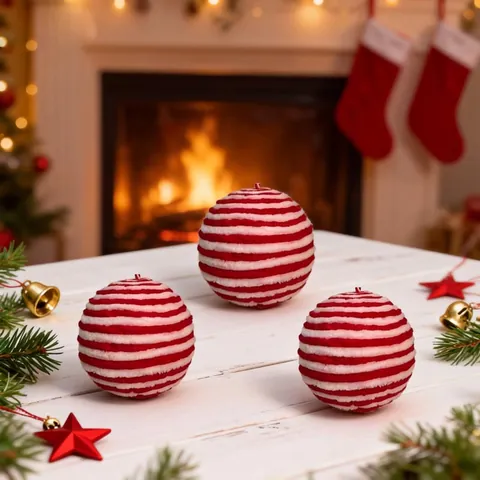 Red And White Striped Christmas Balls Plush Foam Ornaments Christmas Tree Hanging Decorations For Home Mall Party Decor