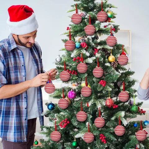 Red And White Striped Christmas Balls Plush Foam Ornaments Christmas Tree Hanging Decorations For Home Mall Party Decor