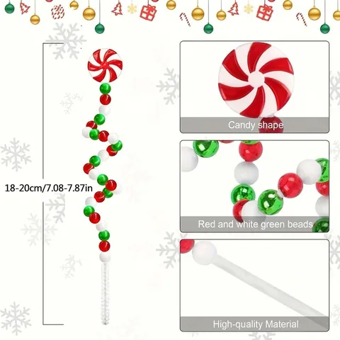 Christmas Spiral Candy Picks Decorative Red White Green Windmill Bells Beads Stems DIY Xmas Tree Hanging Decoration