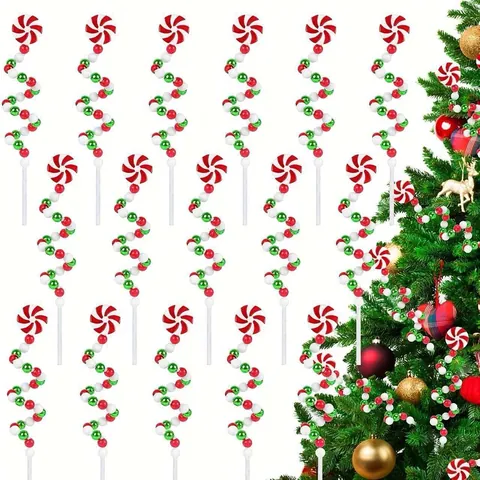 Christmas Spiral Candy Picks Decorative Red White Green Windmill Bells Beads Stems DIY Xmas Tree Hanging Decoration