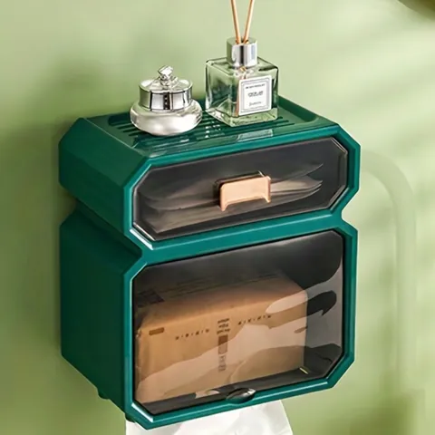 Wall Mounted Waterproof Toilet Paper Box Double Layer Bathroom Tissue Holder Punch Free Plastic Storage Rack Green Cream