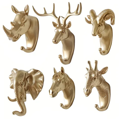 Gancio da Parete Creativo Europeo a Forma di Testa di Animale in Plastica Dorata per Chiavi Cappelli Cappotti Rinoceronte Elefante Cervo Decorazione Casa