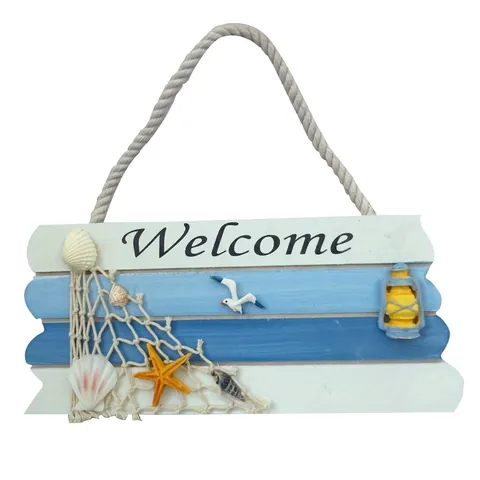 Mediterranean Wooden Welcome Sign Nautical Beach Themed Hanging Wall Plaque Ocean Decor With Starfish Shell Seagull Ornament
