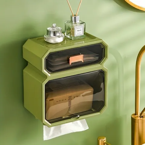 Wall Mounted Waterproof Toilet Paper Box Double Layer Bathroom Tissue Holder Punch Free Plastic Storage Rack Green Cream