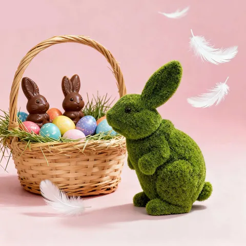 Simulation Flocked Green Rabbit Figurine Moss Artificial Rabbit Easter Decoration For Festive Party Desktop Spring Home Decor