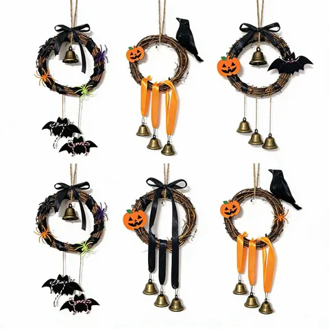 Halloween Rattan Wreath Hanging Ornaments Spooky Vine Ring With Bells Pumpkins Bats Spiders Raven Scene Decor For Home Door Wall Decoration