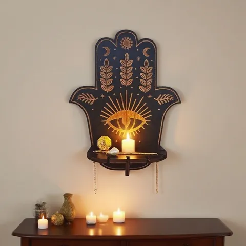 Hamsa Hand Houten Wandplank Boheems Maan Zon Gesneden Hangende Kandelaar Voor Meditatie Home Decor Muurkunst