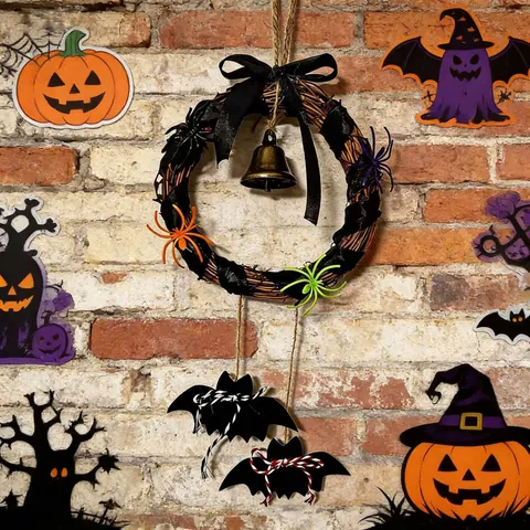 Halloween Rattan Wreath Hanging Ornaments Spooky Vine Ring With Bells Pumpkins Bats Spiders Raven Scene Decor For Home Door Wall Decoration