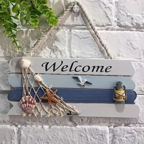 Mediterranean Wooden Welcome Sign Nautical Beach Themed Hanging Wall Plaque Ocean Decor With Starfish Shell Seagull Ornament