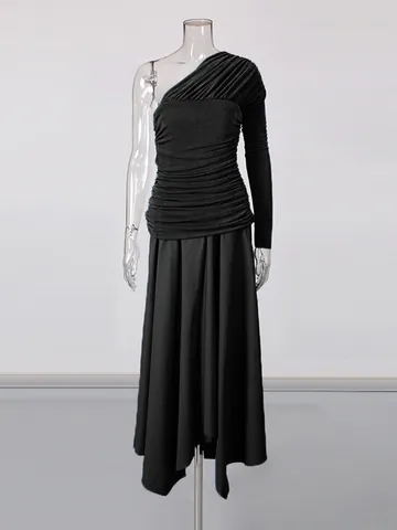 Vestito Maxi a Una Spalla Stile Francese Vita Increspata Donna Orlo Irregolare Manica Lunga Poliestere Cotone Tinta Unita