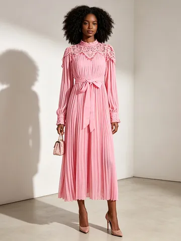 Robe Midi Plissée Vintage Col Montant Dentelle Élégante Manches Longues Couleur Unie Taille Nouée Polyester Coton Femme