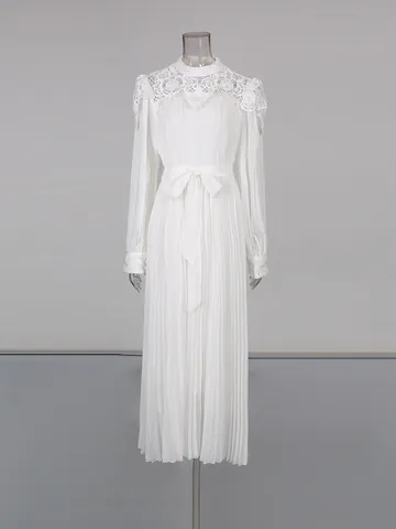 Robe Midi Plissée Vintage Col Montant Dentelle Élégante Manches Longues Couleur Unie Taille Nouée Polyester Coton Femme