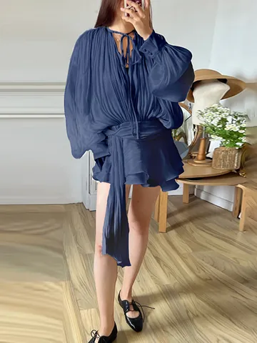 Women Sexy Lazy Style Tie-Up Bow Pleated Ruffle Mini Dress Long Sleeve Lantern Sleeve Solid Color Elegant Party Dress