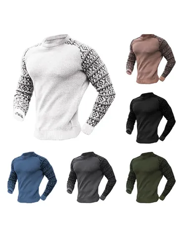 Herren Schweres Waffelstrick Langarm T-Shirt Casual Rundhals Top Ethnisch Geometrisches Muster Ärmel Patchwork Streetwear Herren Kleidung