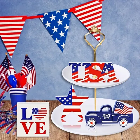 Independence Day Wood Table Decoration Set USA Letters Blue Truck Star Heart Ornaments 4th Of July Patriotic Party Home Decor