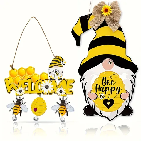 Rustic Wooden Welcome Sign Bee Gnome Sunflower Hanging Plaque Outdoor Home Farmhouse Wall Decor Summer Seasonal Hanging Ornament