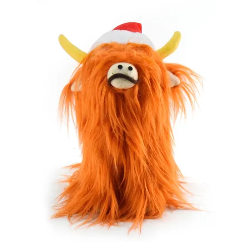 Adorno de Peluche de Vaca de las Tierras Altas Naranja Con Pelo Largo y Gorro de Papá Noel Figura Decorativa Navideña Para Hogar