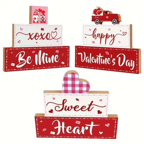 Valentine's Day Tiered Wooden Desktop Ornament Gnome Heart Truck Pattern Happy Valentine Day Sign Table Decor Holiday Home Decoration