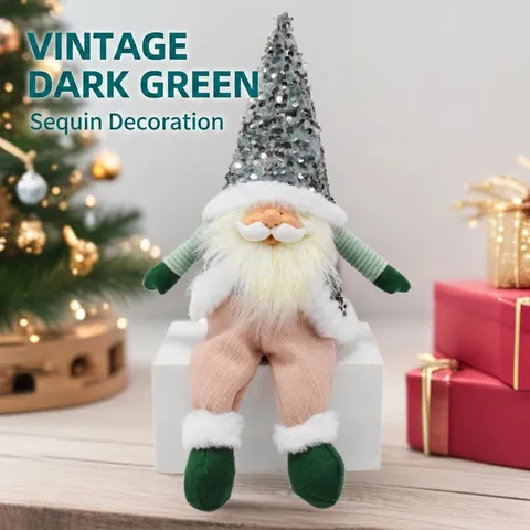 Luxury Retro Christmas Gnome Figurine With Resin Face Silver Sequin Hat Dark Green Nordic Forest Elf Plush Doll Holiday Decoration