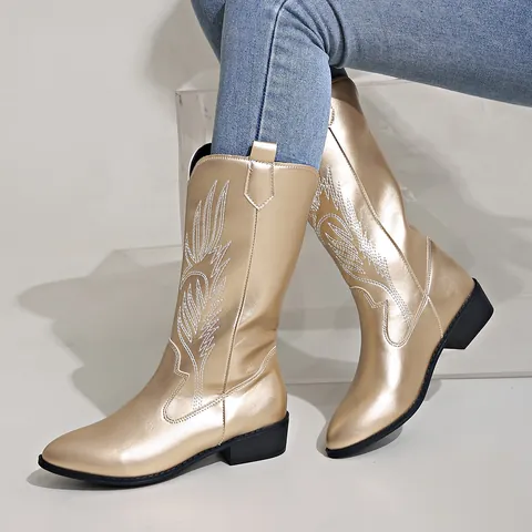 Women's Western Embroidered Cowboy Boots Pointed Toe Block Heel Mid Calf Knight Boots Fashion Retro Faux Leather Tall Boots