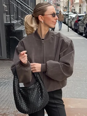 Veste en Daim Gris Rétro pour Femme Minimaliste Large Manches Longues Bomber Court Automne Hiver Manteau à Fermeture Éclair