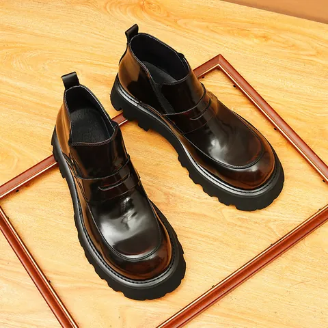 Men's Genuine Cowhide Chelsea Boots British Retro Height Increasing Thick Sole Warm Winter Leather Ankle Martin Boots