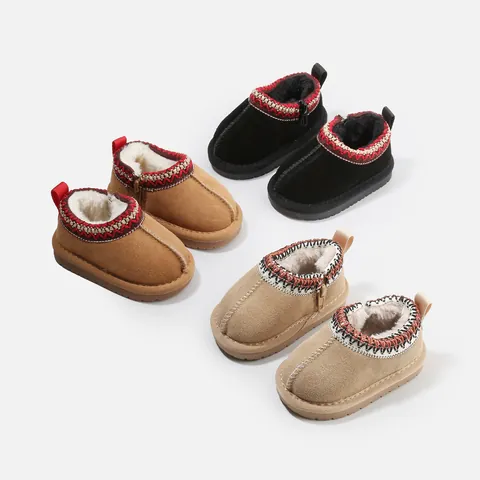 Toddler Kids Winter Snow Boots Warm Plush Lined Anti-Slip Microfiber Leather Walking Boots With Ethnic Woven Trim Side Zipper
