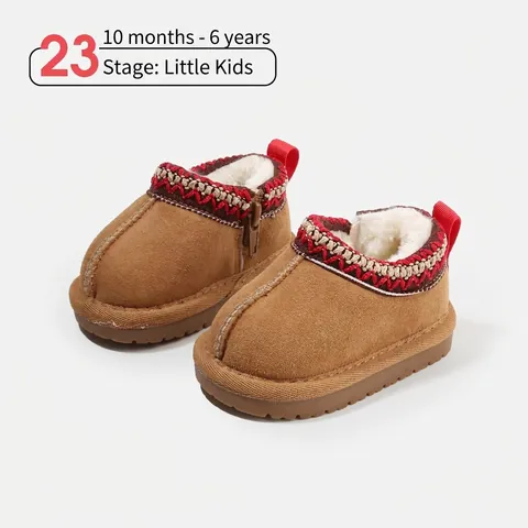 Toddler Kids Winter Snow Boots Warm Plush Lined Anti-Slip Microfiber Leather Walking Boots With Ethnic Woven Trim Side Zipper