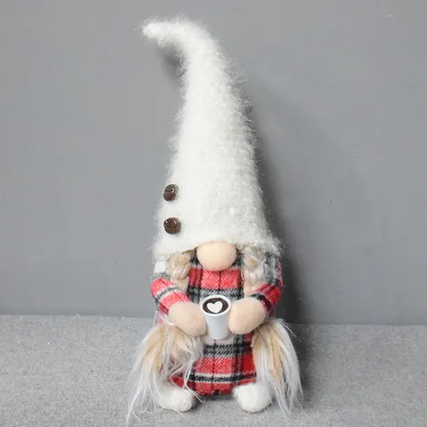 Handmade Coffee Theme Gnome Plush Doll Swedish Tomte With Coffee Cup And Plaid Clothes For Home Coffee Bar Decoration Gift