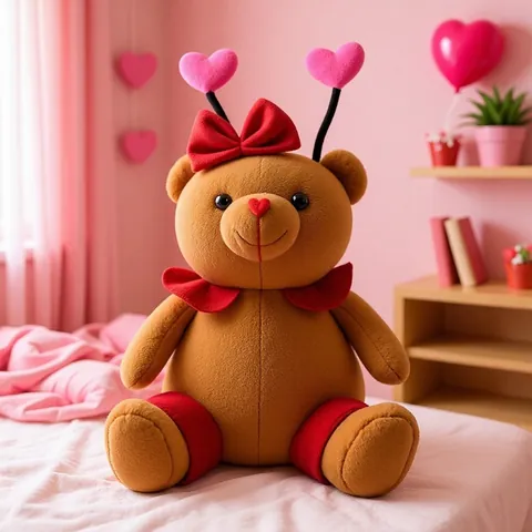 Creative Heart Bear Plush Toy Cute Brown Stuffed Bear With Bowknot And Pink Heart Antennae For Home Decoration Birthday Gift