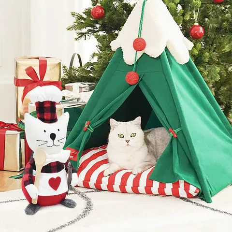 Handmade Plush Chef Cat Doll Gingham Christmas Cat Figurine Ornament Heart Apron Polyester Animal Gift For Home Decor