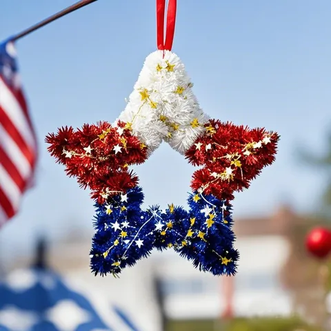 Patriotic Independence Day Tinsel Wreath Red White Blue Star Decoration Wreath For Fourth Of July Party Home Door Hanging Ornament