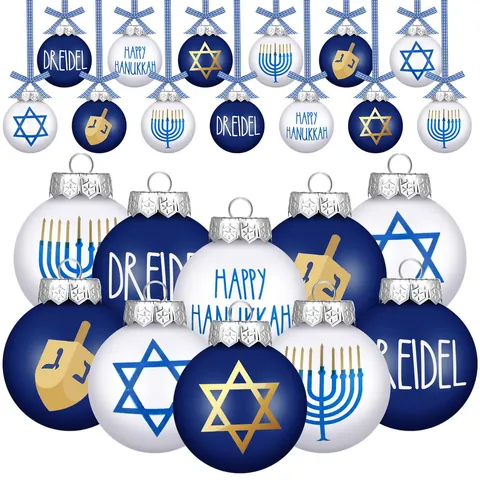 Hanukkah Decoration Hanging Ball Set 24 Pieces Blue White Star Of David Menorah Patterns Festival Party Home Ornament