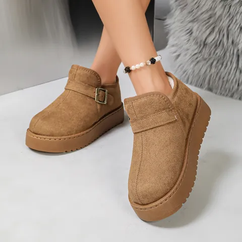 Stivali da Neve da Donna in Camoscio Caldo Peluche Artificiale Fodera Plateau Fibbia Slip-On Stivaletti Moda Casual Scarpe Invernali