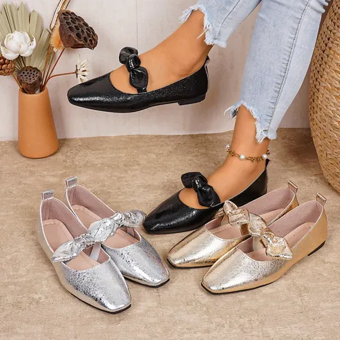 Women Mary Jane Flat Shoes Bowknot Rabbit Ears Metallic Square Toe Slip-On Ballet Flats Party Shoes Comfy PU Leather